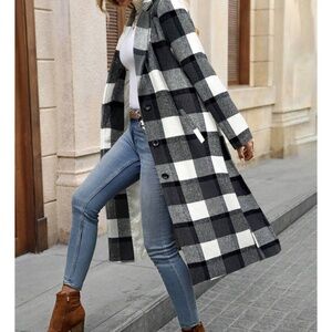 Classic Plaid Print Button Pockets Long Jacket Coat